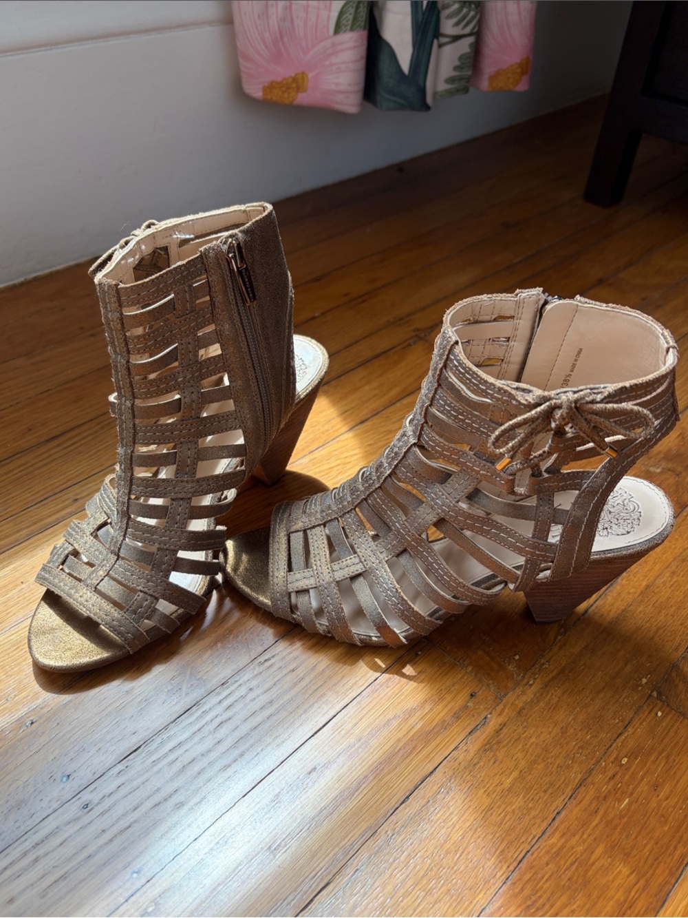 Vince Camuto Gold/Bronze Gladiator Cage Block Heel Sandals